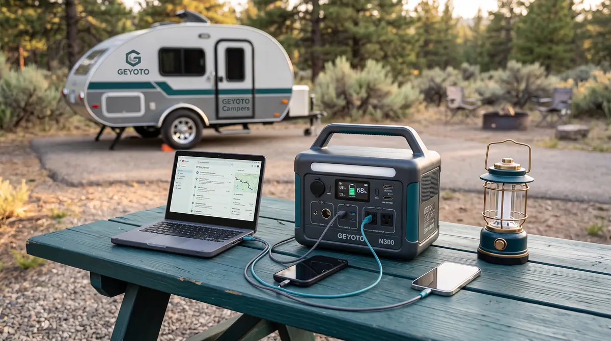 Compact portable power station charging a laptop and campsite electronics