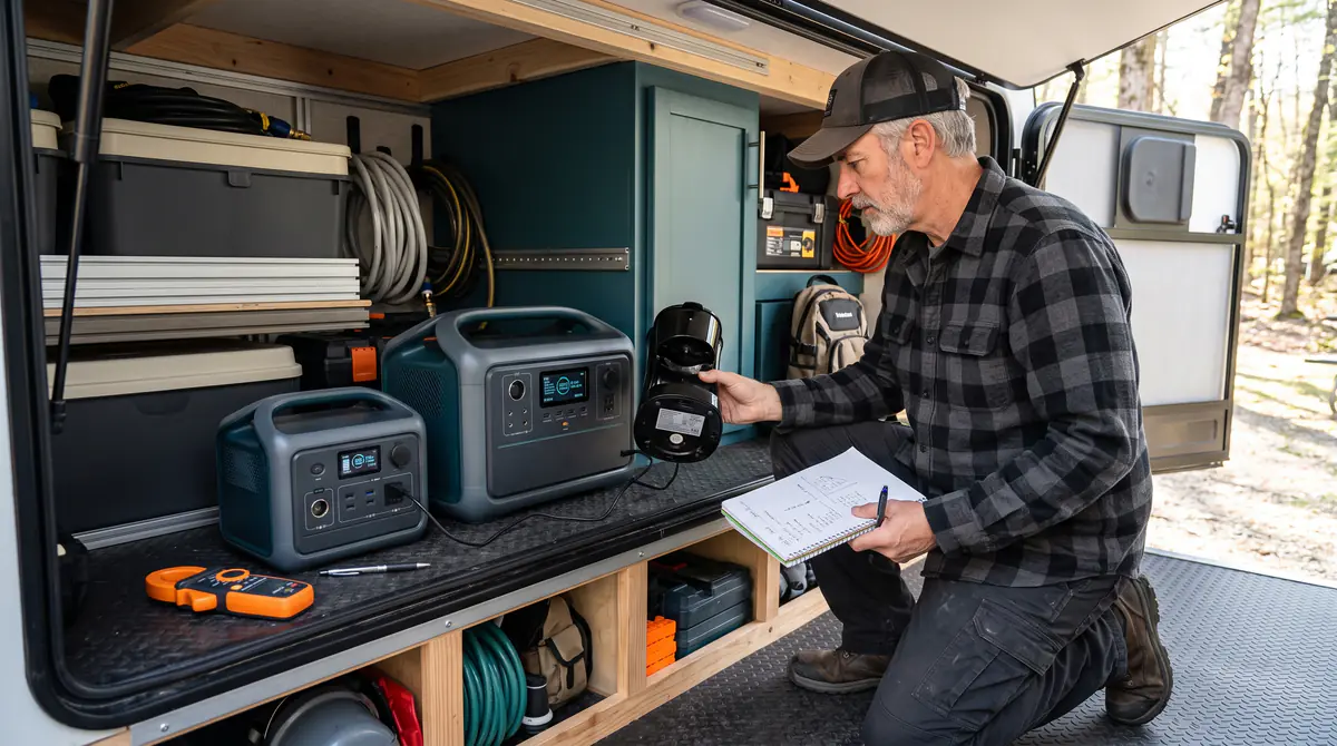 RVer comparing electrical requirements with two portable power station sizes