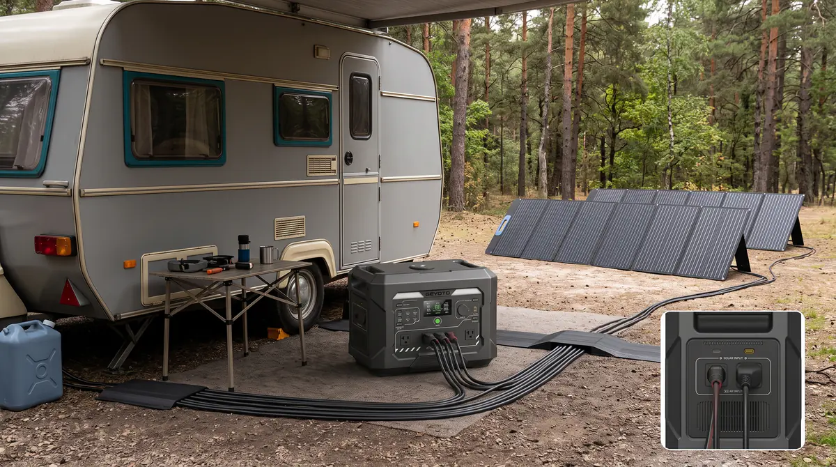Portable power station charging from solar panels beside an off-grid RV