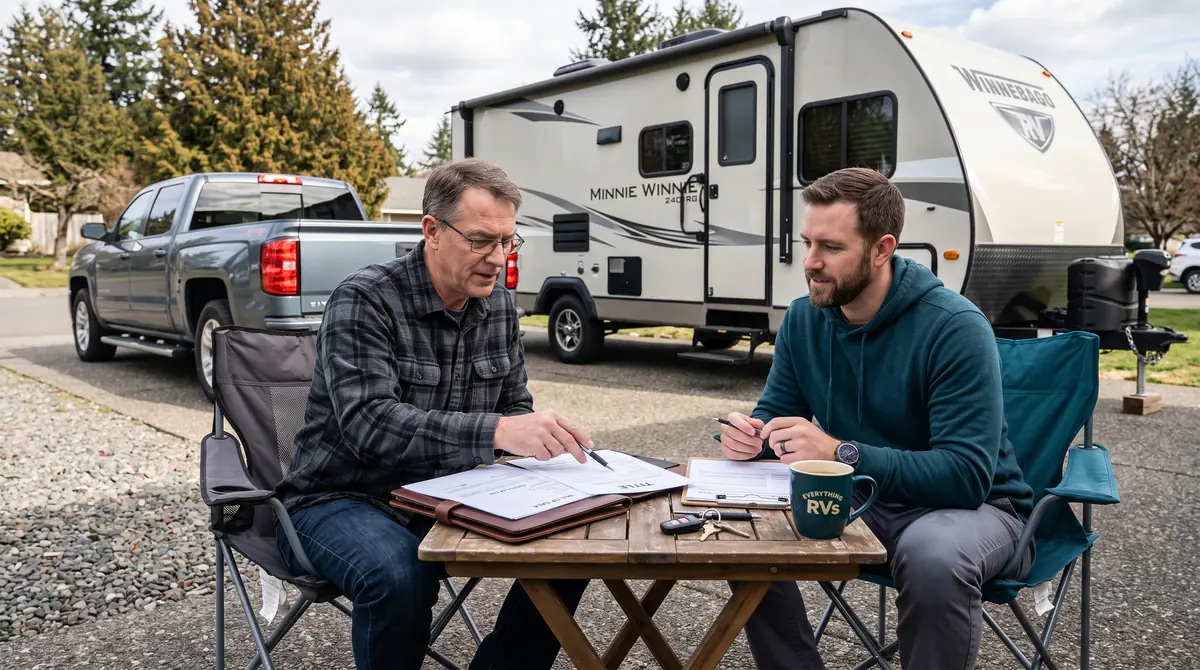 Buyer and private seller reviewing documents beside a used travel trailer