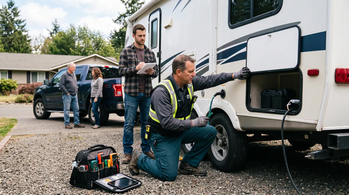 Professional inspector checking a used travel trailer before purchase