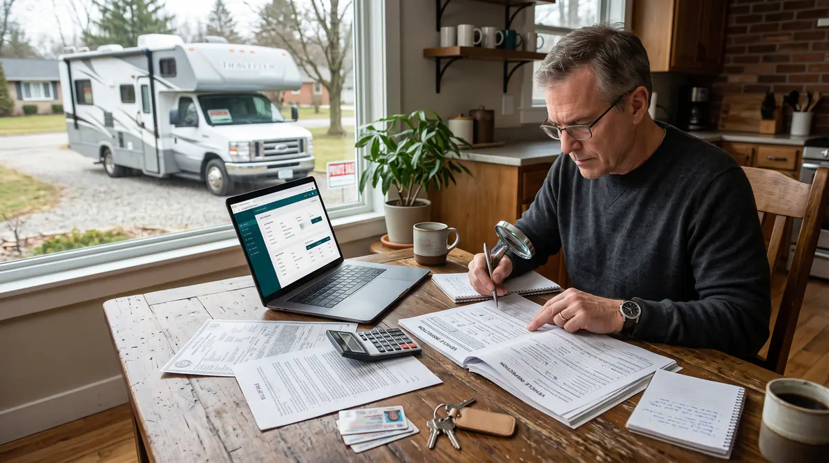 RV buyer reviewing title VIN inspection and loan documents