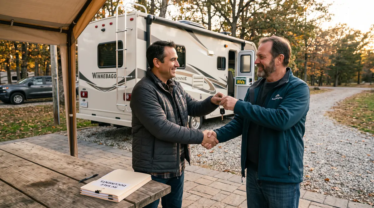 Buyer receiving RV keys after verified payment and title paperwork